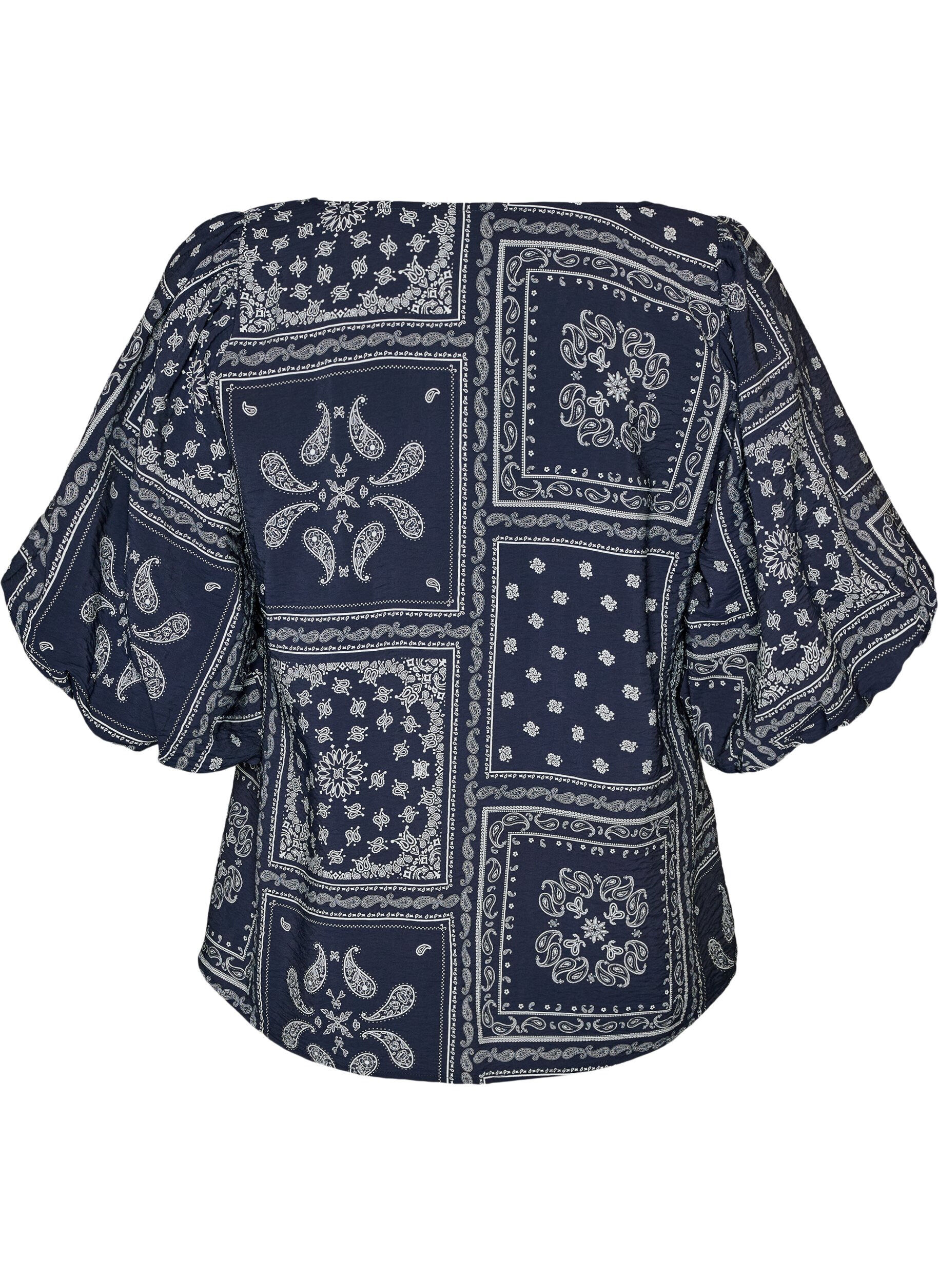ZizziBluse i viskose med paisleyprint og ballon&aelig;rmer, Bl&aring;, Packshot image number 1