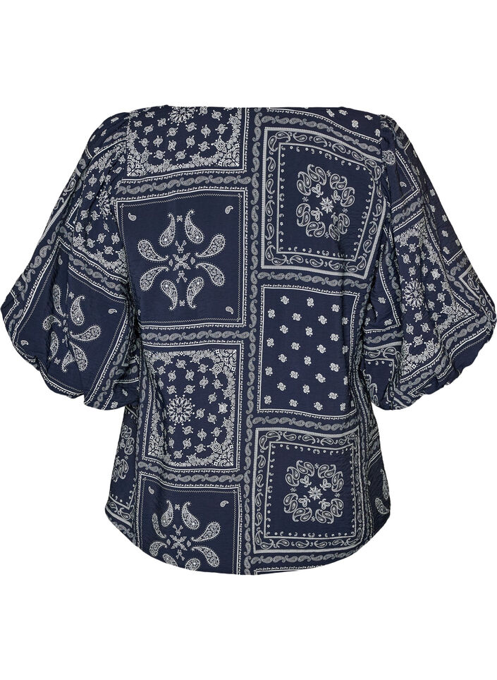 Bluse i viskose med paisleyprint og ballon&aelig;rmer, Bl&aring;, Packshot image number 1