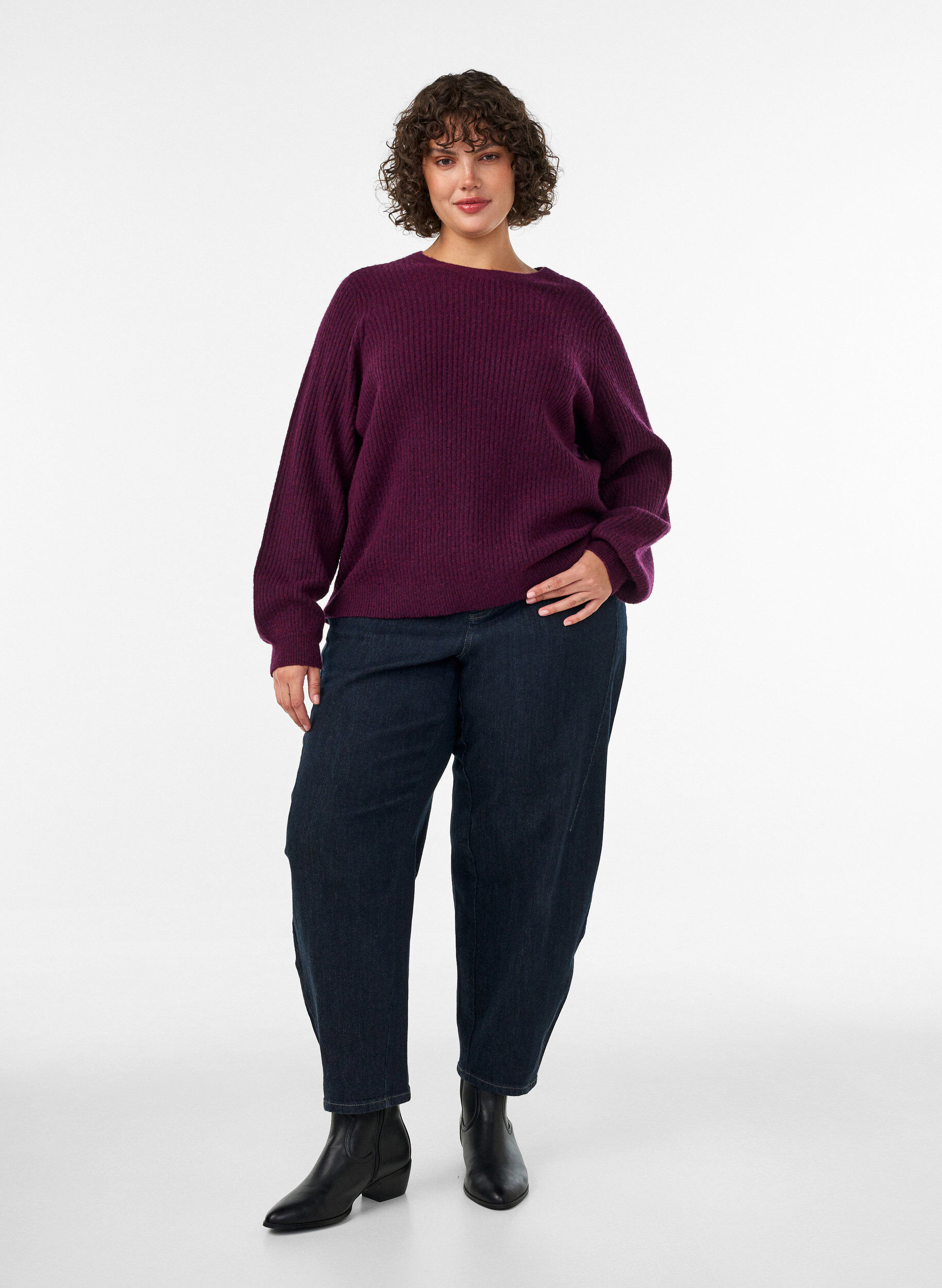 ZizziStriktr&oslash;je med ballon&aelig;rmer og ribstruktur, Lilla, Model image number 1