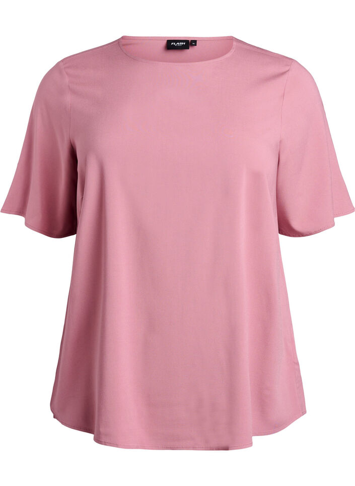 Kort&aelig;rmet v&aelig;vet bluse med rund hals, Lyser&oslash;d, Packshot image number 0