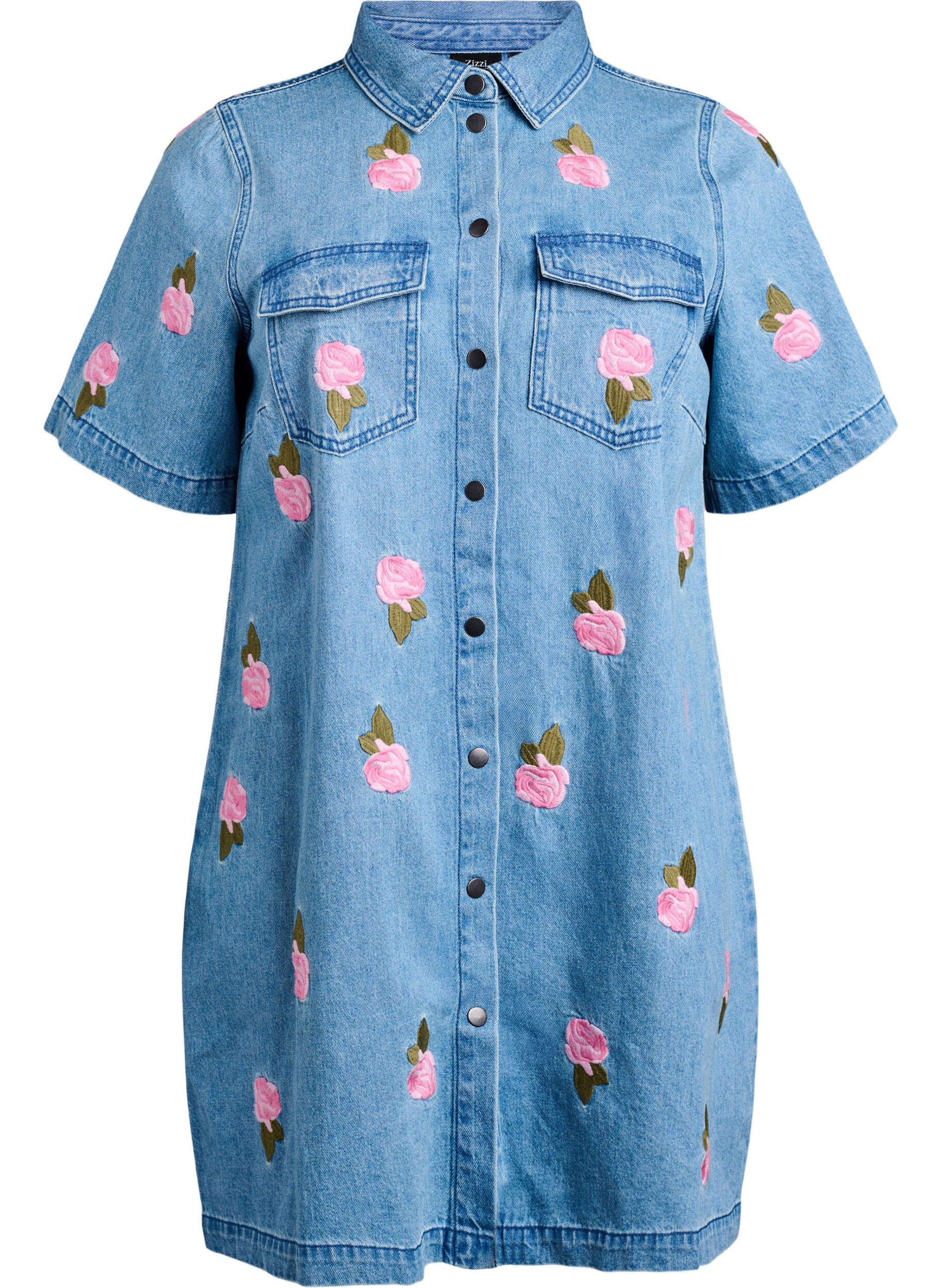 Zizzi Kort denimkjole med broderede blomster, LBD w. Flower, Packshot image number 0