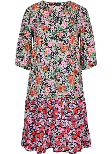 Blomstret viskose kjole med 3/4 ærmer, Flower AOP Mix, Packshot image number 0