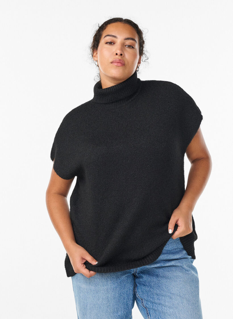 Ærmeløs strikvest med rullekrave, Sort, Model image number 0
