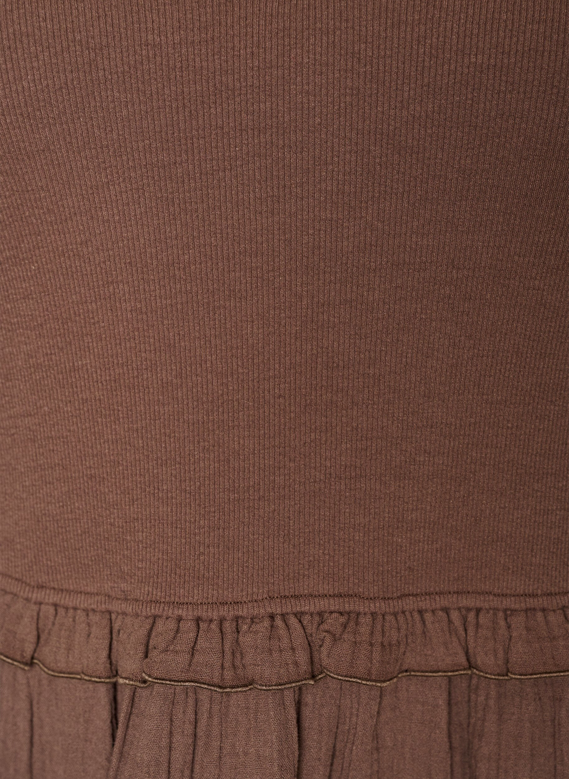 Zizzi&AElig;rmel&oslash;s midikjole i bomuld med rib og musselin, Brun, Packshot image number 2