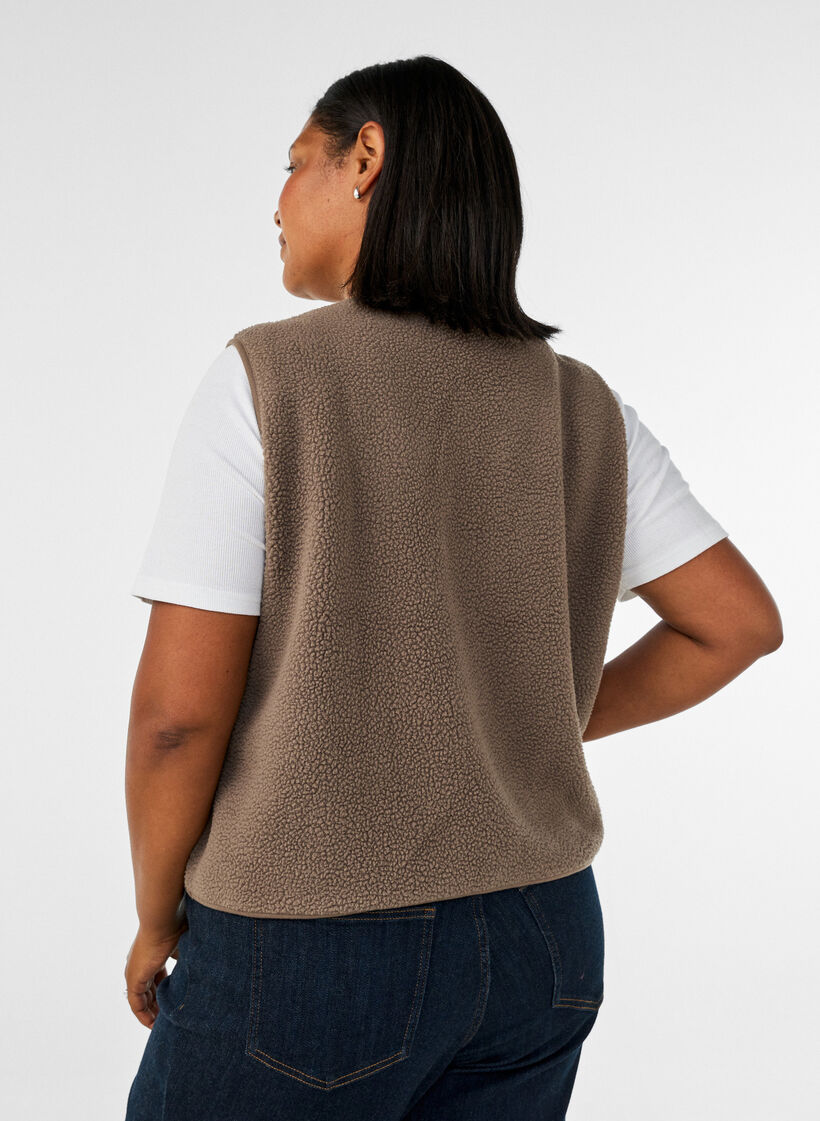 Teddy vest med knapper og lommer, Brun, Model image number 2