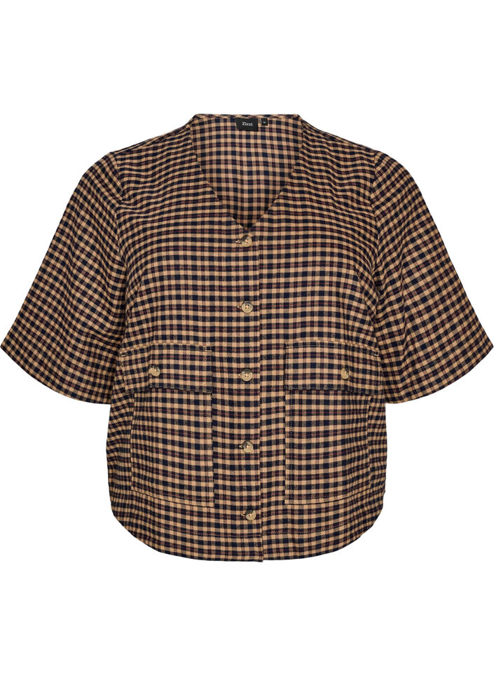 Ternet bluse med brystlommer, Brun, Packshot image number 0