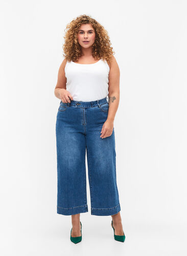 Cropped jeans med vidde, Blue denim, Model image number 0