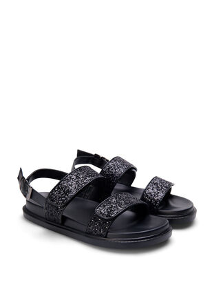 Glitter sandal med velcrolukning og bred pasform, Black Glitter, Packshot image number 1