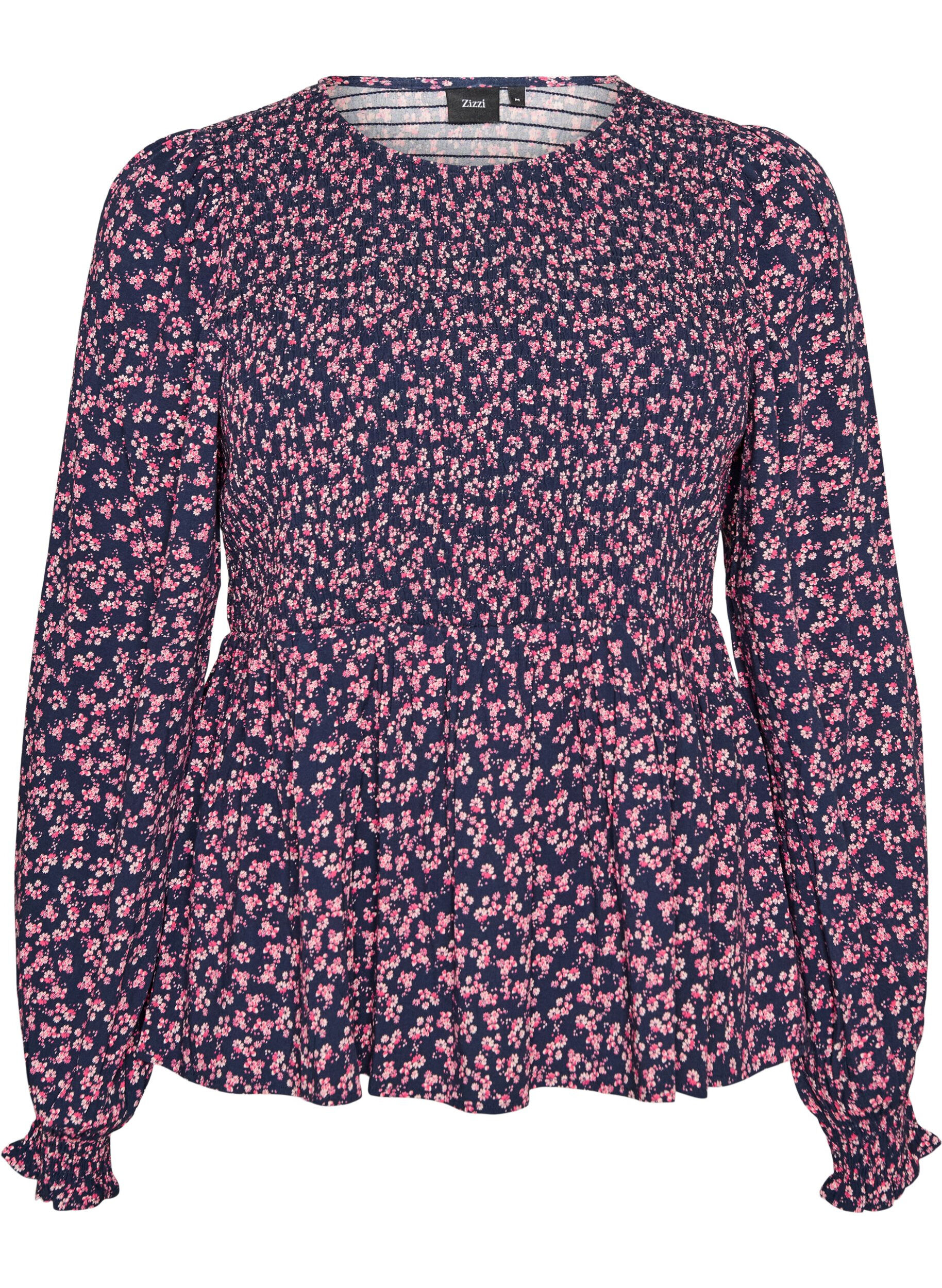 ZizziBluse med smockoverdel og blomsterprint, Bl&aring;, Packshot image number 0