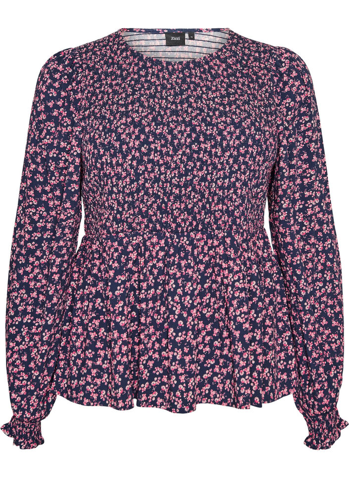 Bluse med smockoverdel og blomsterprint, Bl&aring;, Packshot image number 0