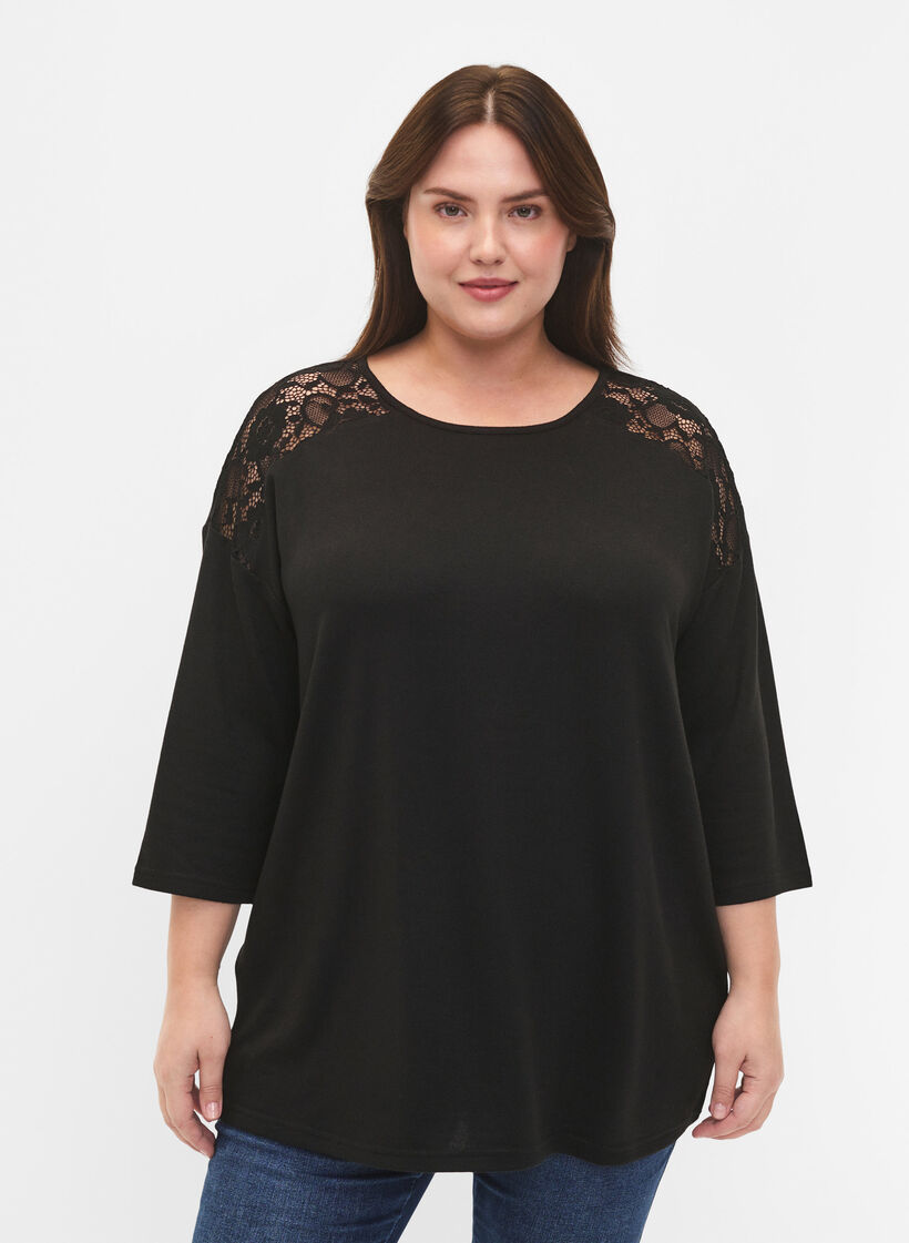 Bluse med 3/4 ærmer og blondedetalje, Black, Model image number 0