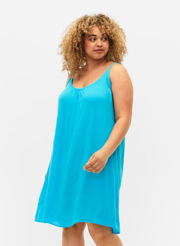 Ensfarvet strop kjole i viskose, Blue Atoll, Model image number 2
