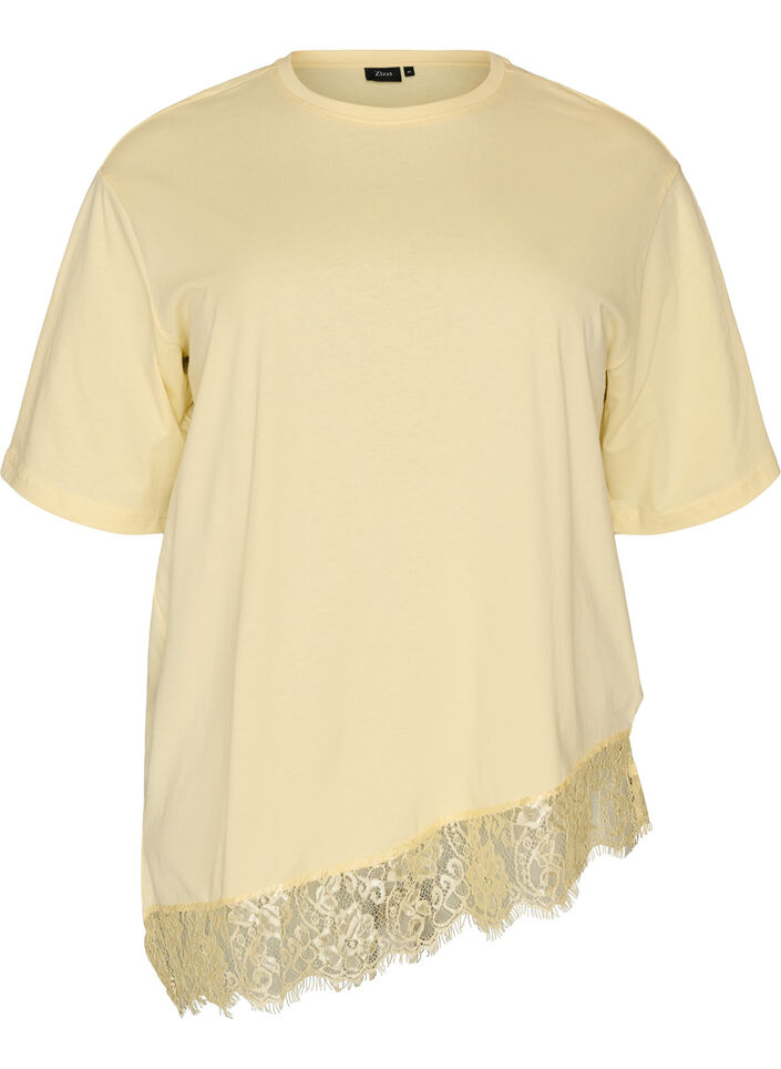 T-shirt med asymmetrisk blondekant, Gul, Packshot image number 0