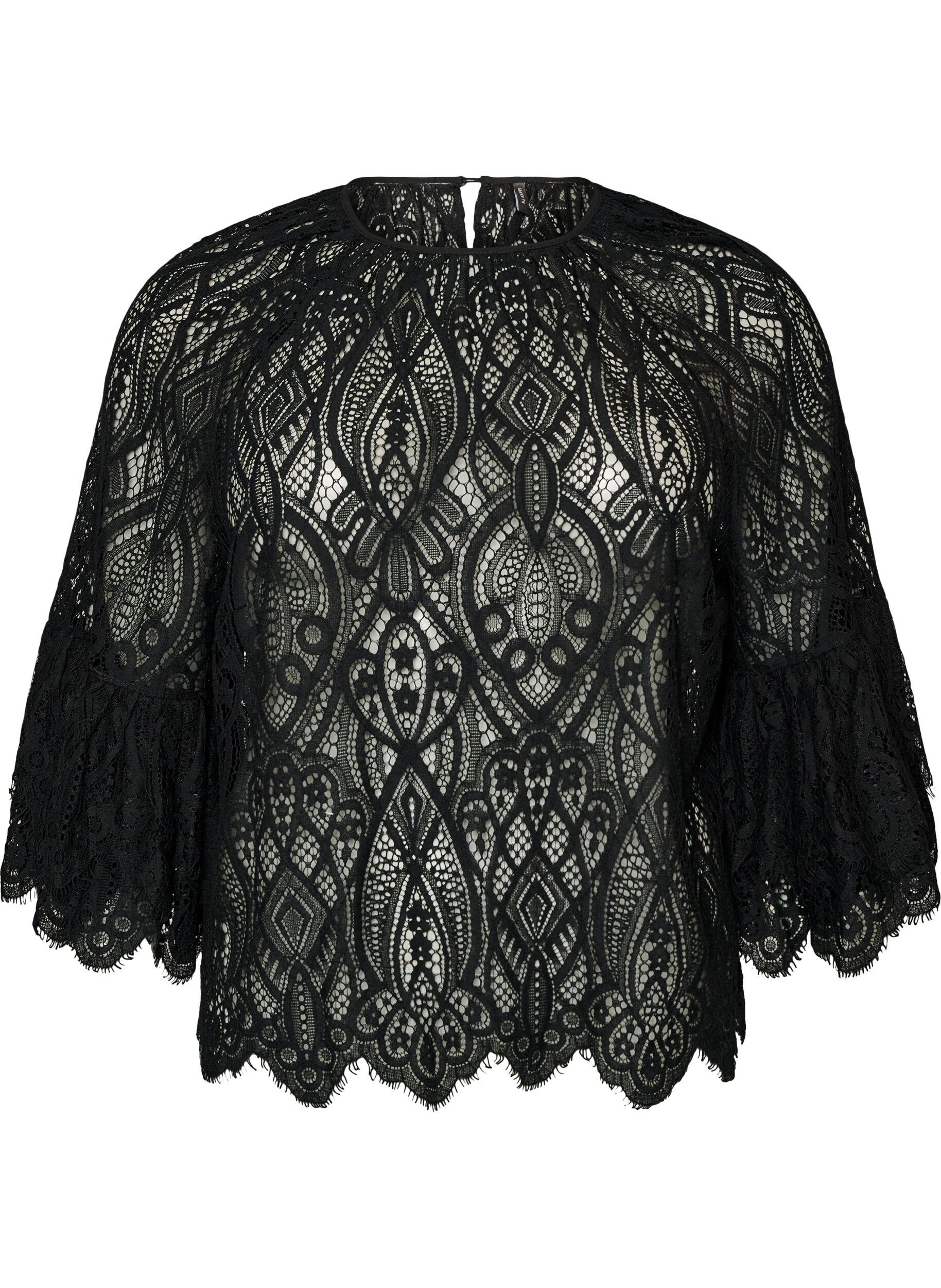 ZizziBlondebluse med lange trompet&aelig;rmer og fl&aelig;ser, Sort, Packshot image number 0