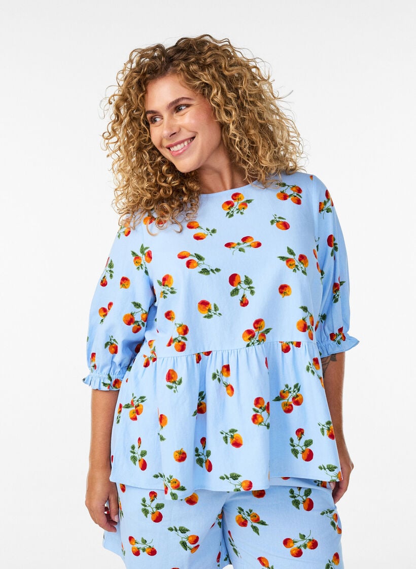 Bomuldsbluse med tomatprint og peplum, Bl&aring;, Model image number 0
