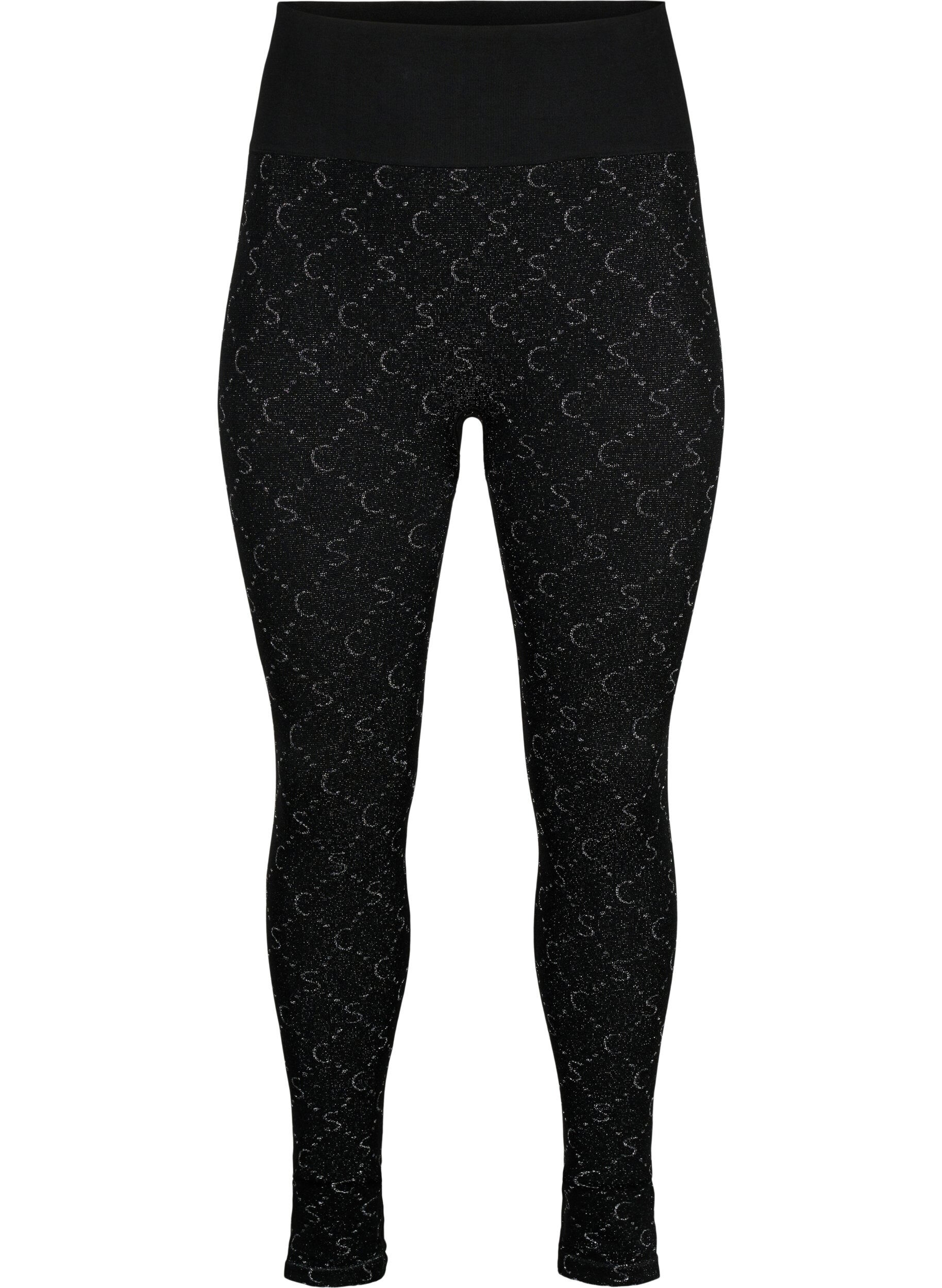 Zizzi Seamless leggings med s&oslash;lvfarvet m&oslash;nster, Black, Packshot image number 0