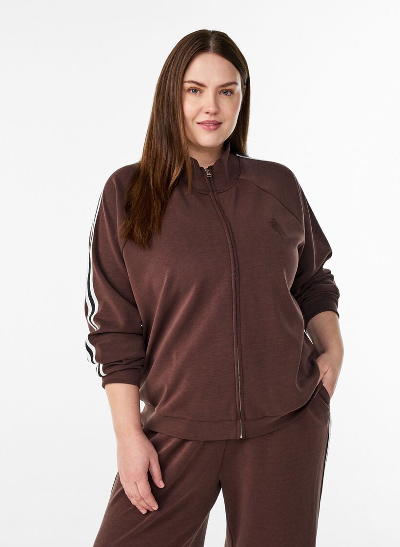 Tr&aelig;ningstr&oslash;je med h&oslash;j hals og striber p&aring; &aelig;rmerne, Brun, Model image number 0