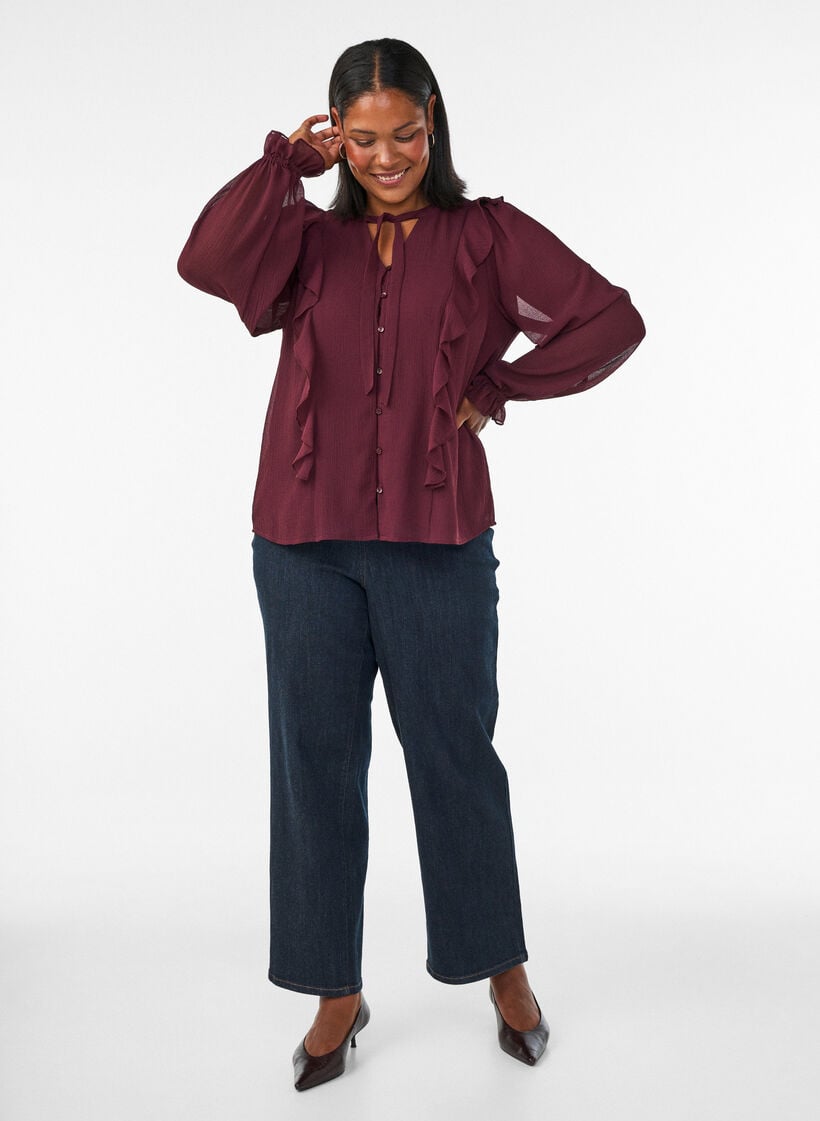 Transparent bluse med fl&aelig;ser og bindeb&aring;nd, R&oslash;d, Model image number 1