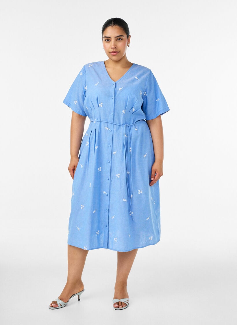 Skjortekjole i bomuld med broderede blomster, Bl&aring;, Model image number 0