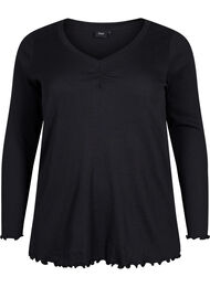 Bluse i rib med lange ærmer og v-hals, Black