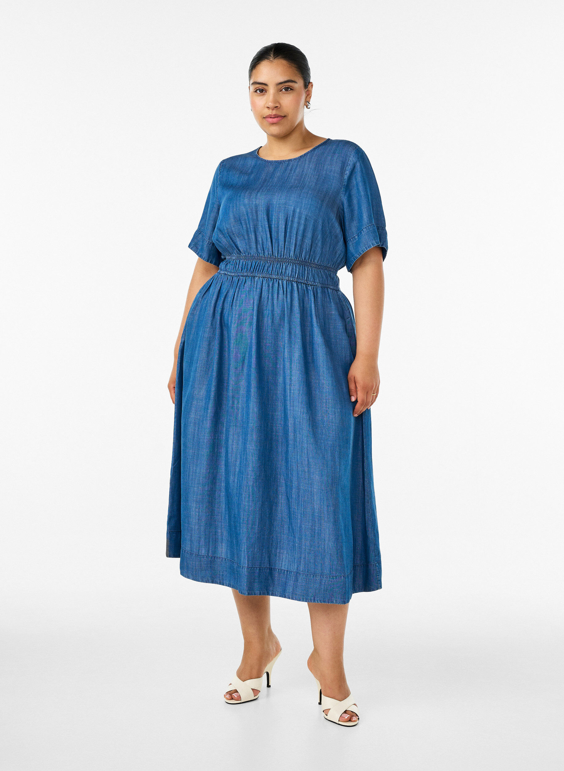 Midikjole i denimlook med elastisk talje, Bl&aring;, Model