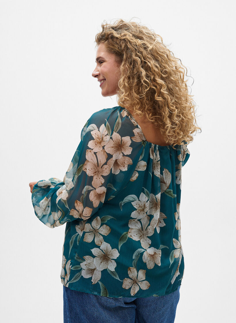 Chiffonbluse med blomster og lange ærmer , Grøn, Model image number 2