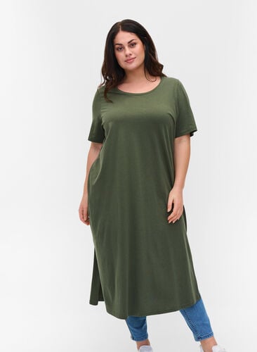 T-shirt kjole i bomuld med slids, Thyme, Model image number 0
