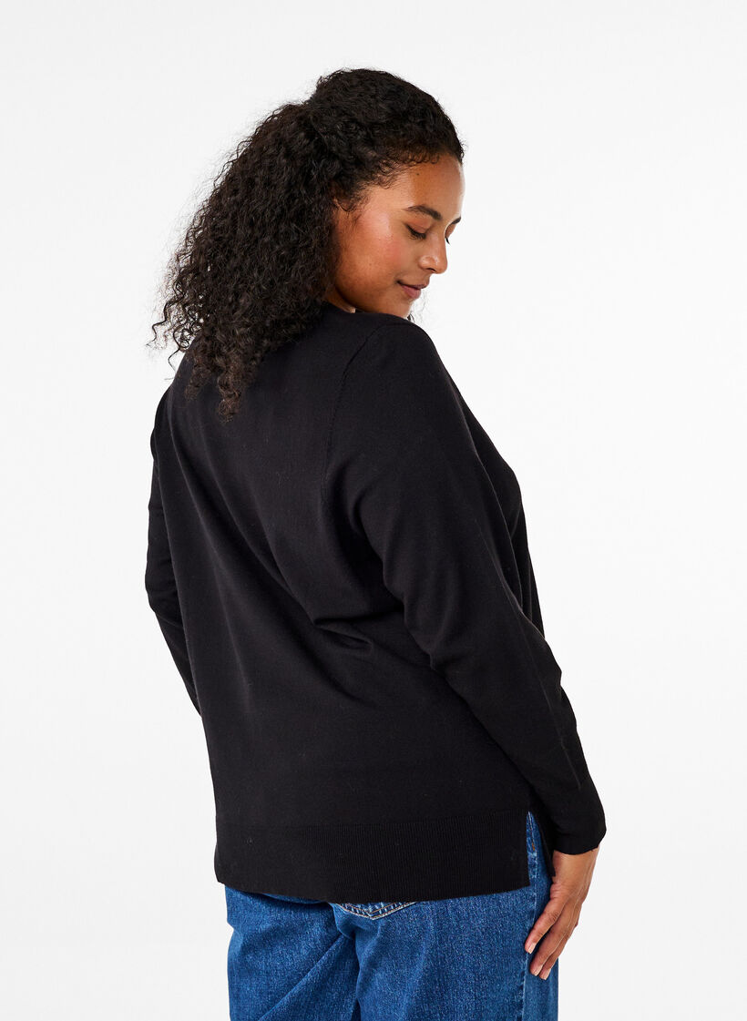 Langærmet strikbluse med slids, Sort, Model image number 2
