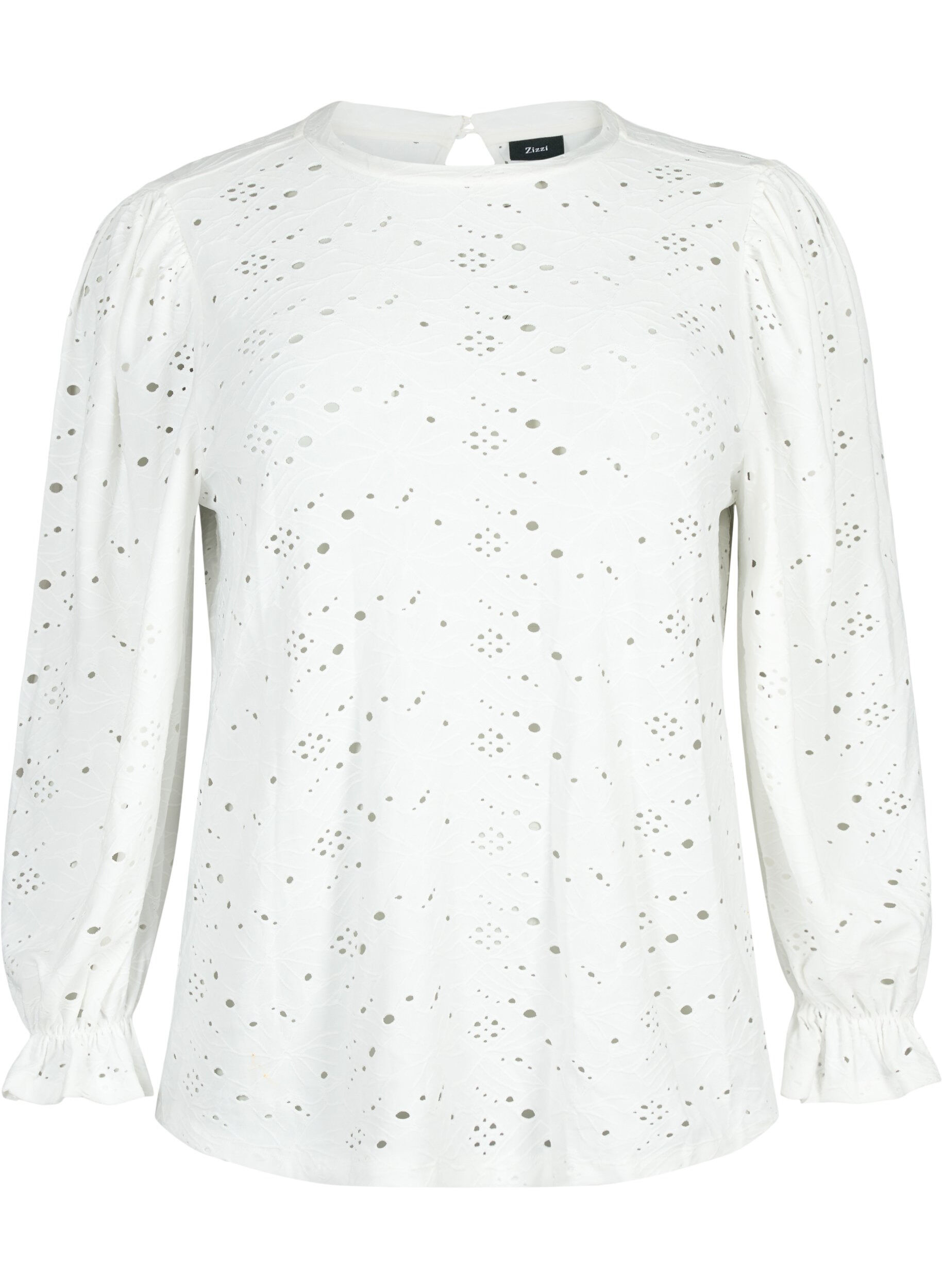 Zizzi Lang&aelig;rmet bluse med hulm&oslash;nster, Bright White, Packshot image number 0