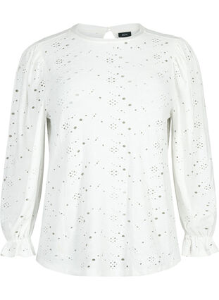 Langærmet bluse med hulmønster, Bright White, Packshot image number 0
