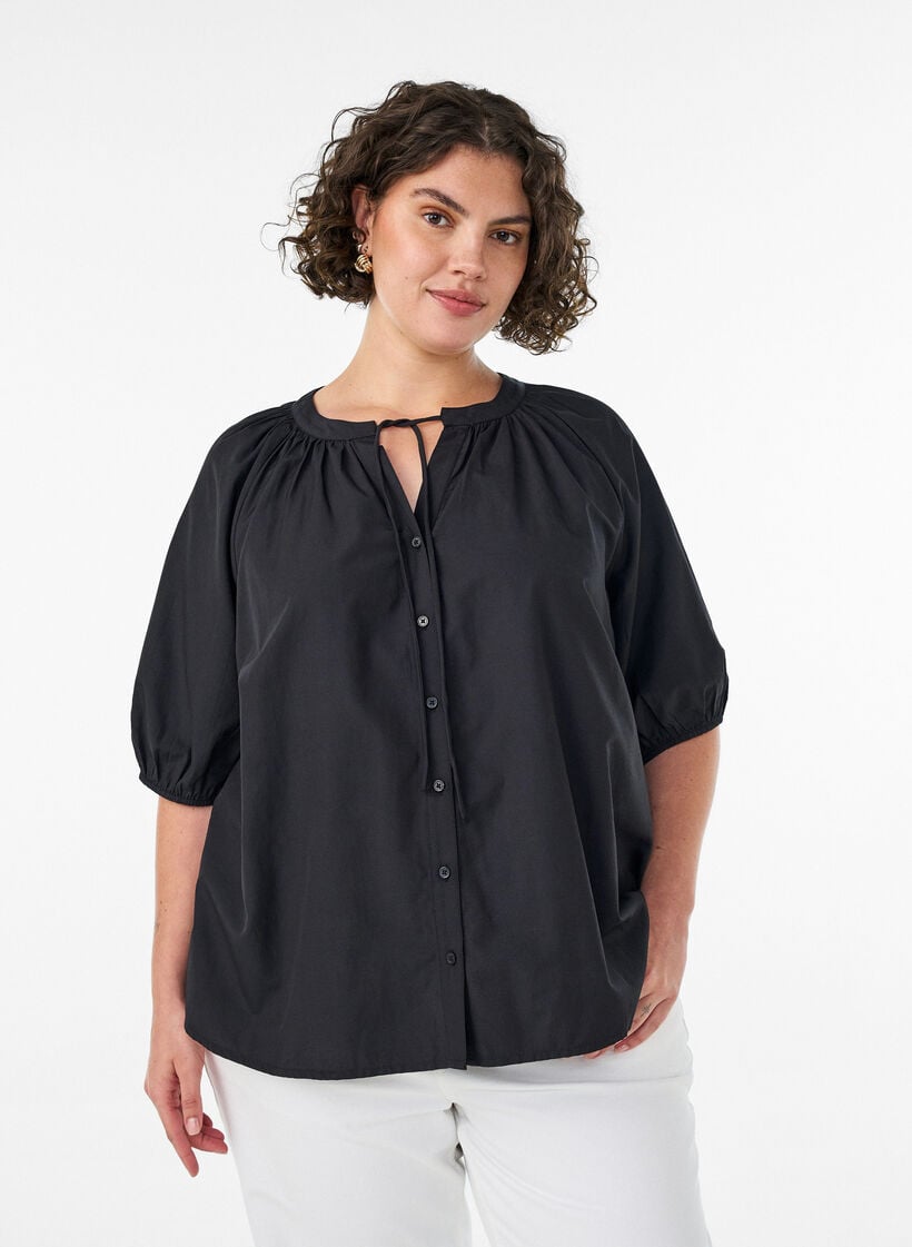 Skjortebluse med knaplukning og bindeb&aring;nd, Sort, Model image number 0