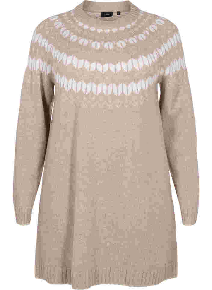 Mønstret strikkjole med uld, Simply Taupe Comb, Packshot image number 0
