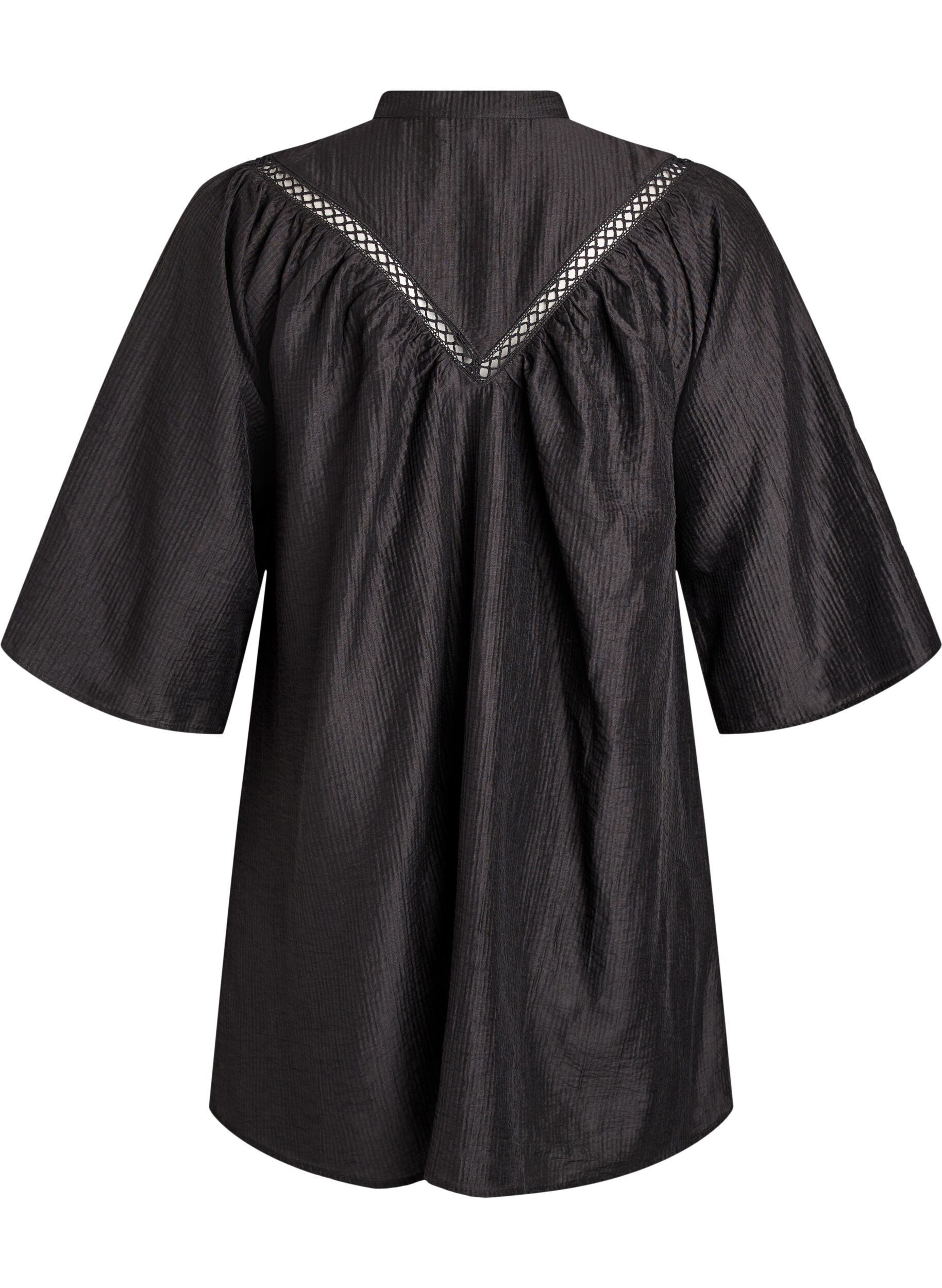 Zizzi Tunika med crochet-b&aring;nd og stribet tekstur, Sort, Packshot image number 1