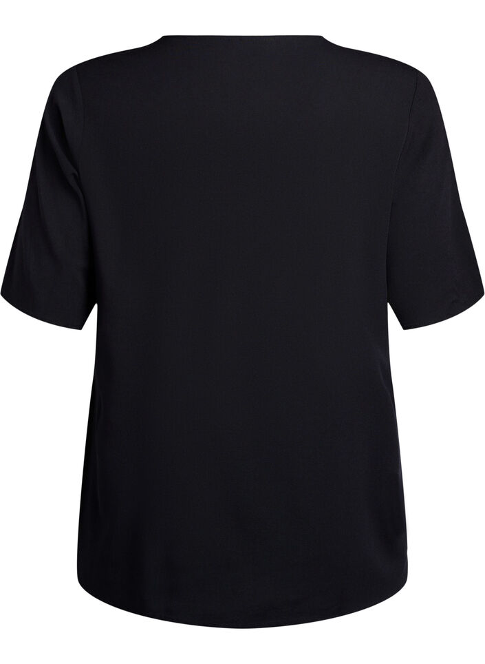 Kort&aelig;rmet v&aelig;vet bluse med rund hals, Sort, Packshot image number 1