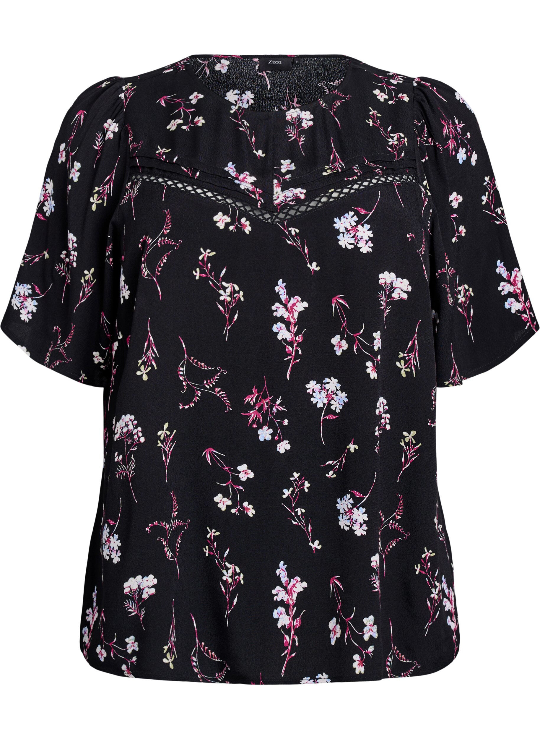 Zizzi Blomstret bluse med korte &aelig;rmer, Sort, Packshot image number 0