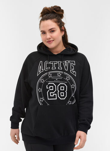 Sweatshirt med printdetaljer og hætte, Black, Model image number 0