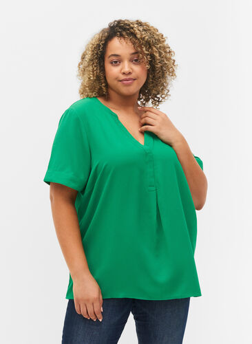 Kortærmet bluse med v-udskæring, Jolly Green, Model image number 0