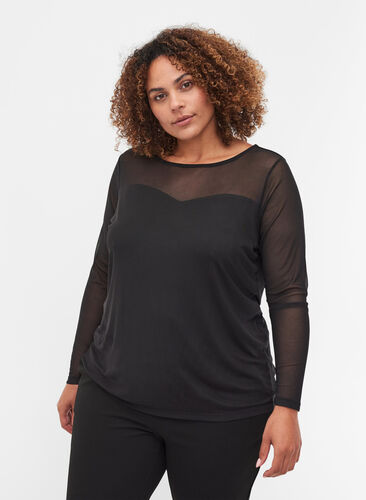 Tætsiddende bluse med mesh , Black, Model image number 0