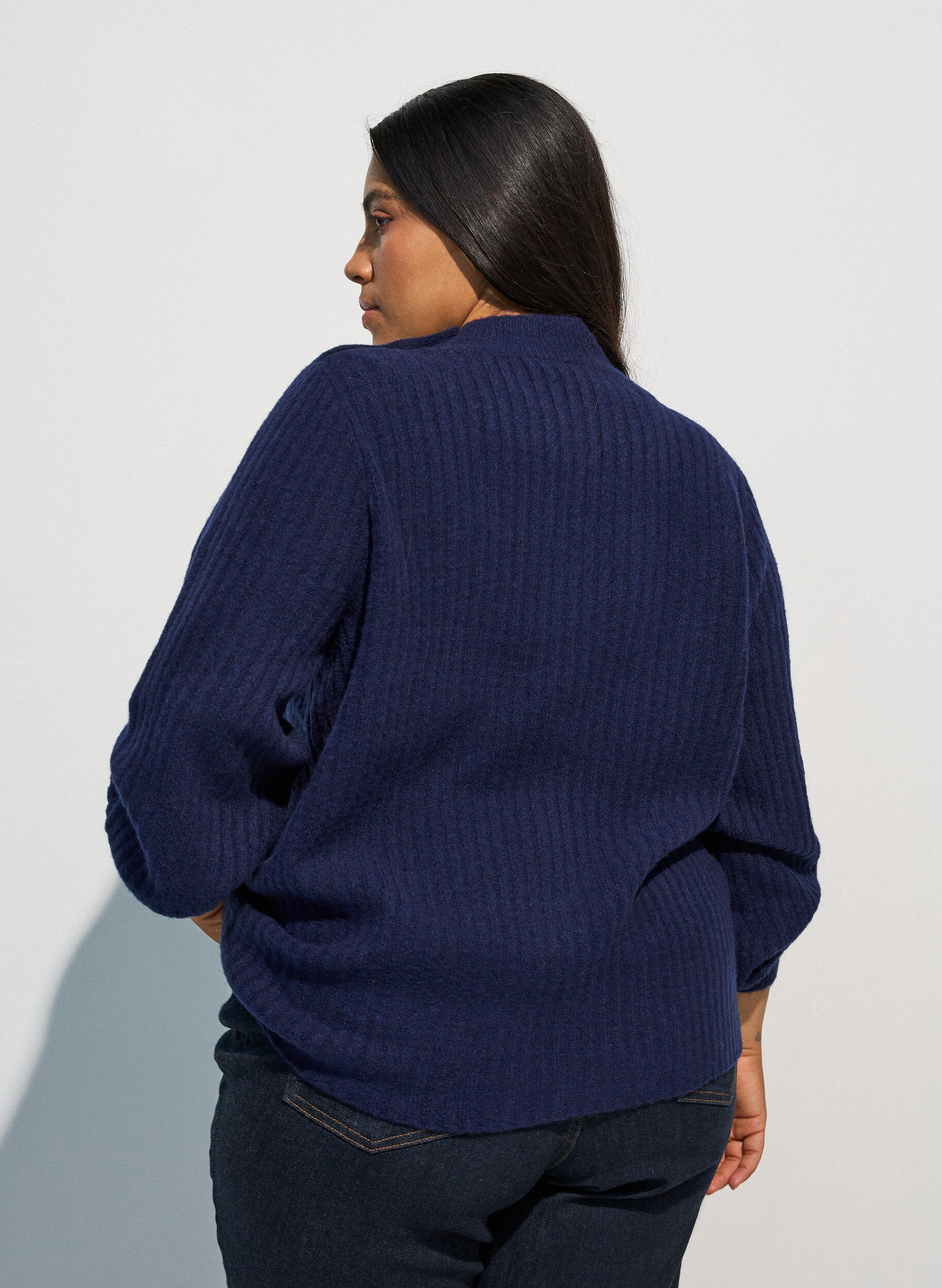 ZizziRibstrikket sweater med ballon&aelig;rmer og knapper, Bl&aring;, Model image number 2