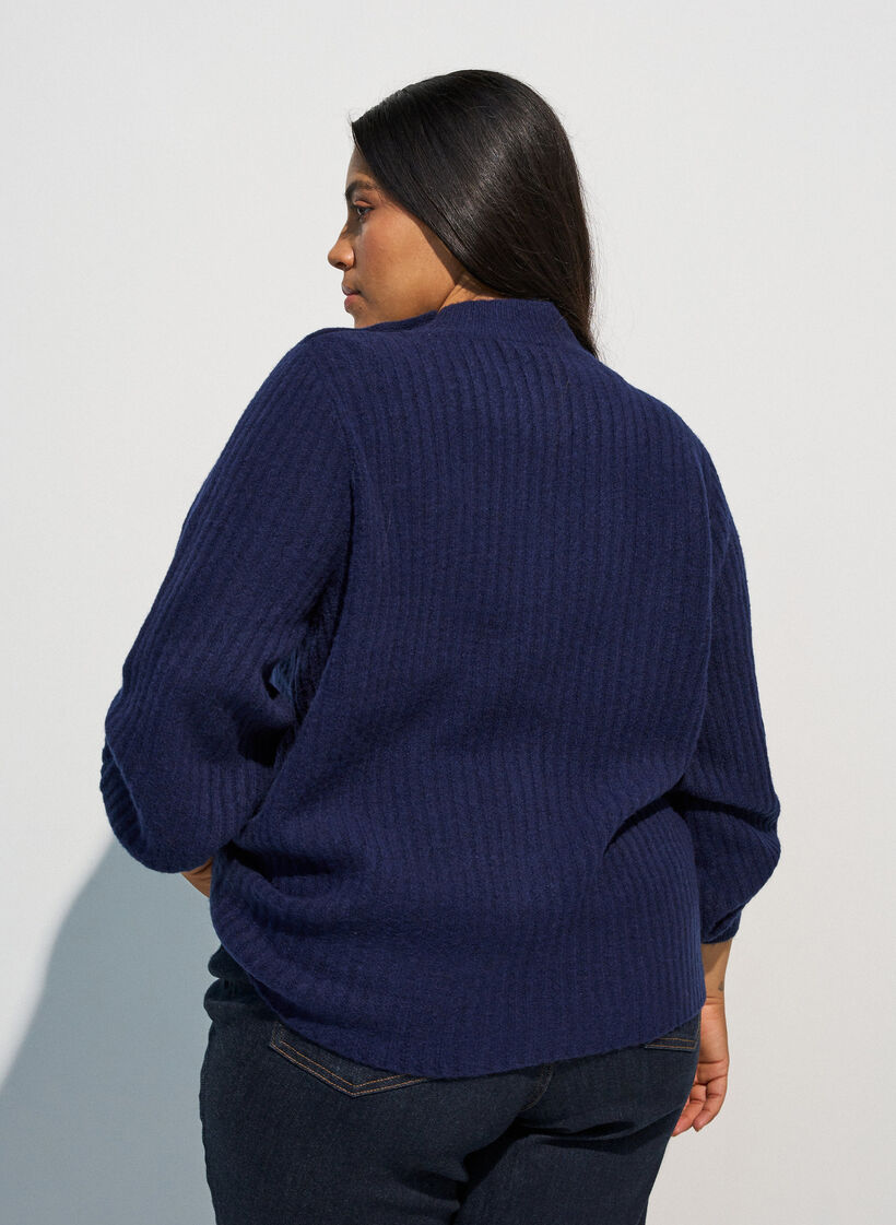 Ribstrikket sweater med ballon&aelig;rmer og knapper, Bl&aring;, Model image number 2