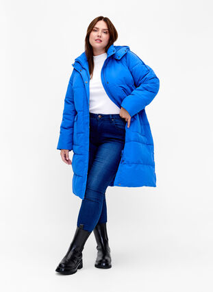 Lang puffer jakke med lommer og hætte, French Blue, Model image number 2