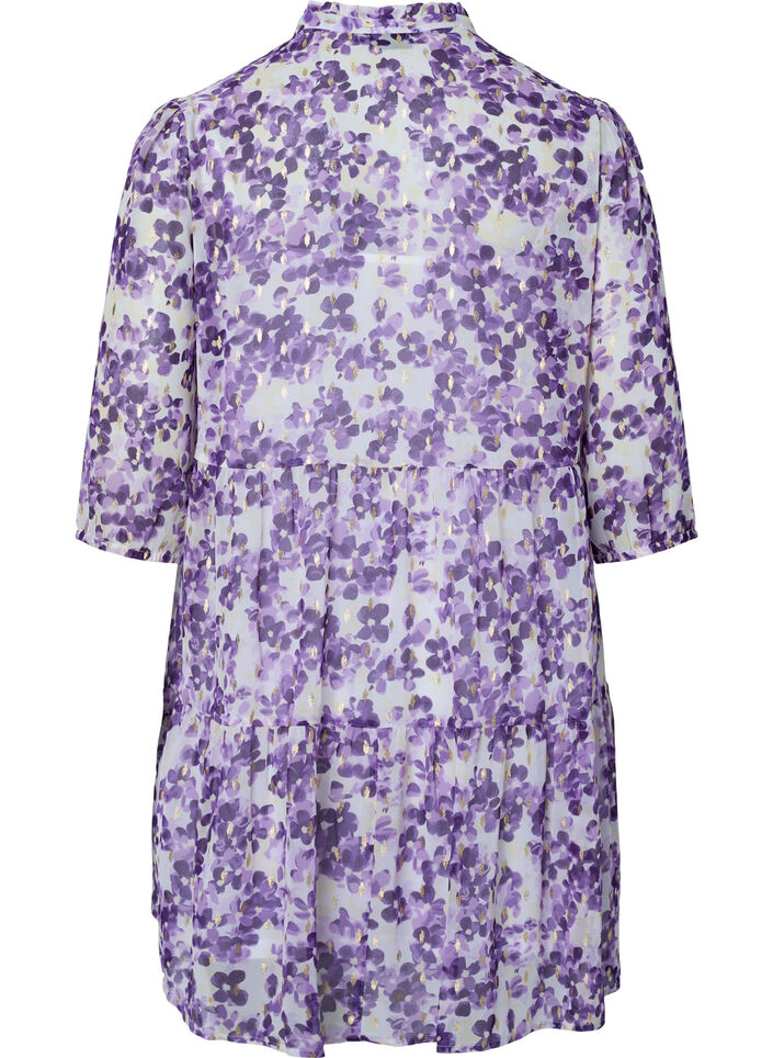 Tunika med blomsterprint og lurex, Beige/Purple Flower, Packshot image number 1