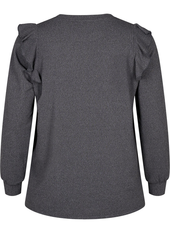 Langærmet bluse med flæsedetaljer, Dark Grey Melange, Packshot image number 1