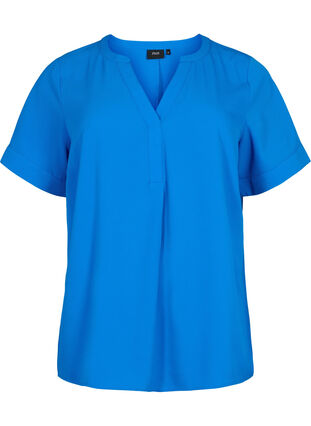 Kortærmet bluse med v-udskæring, Victoria blue, Packshot image number 0