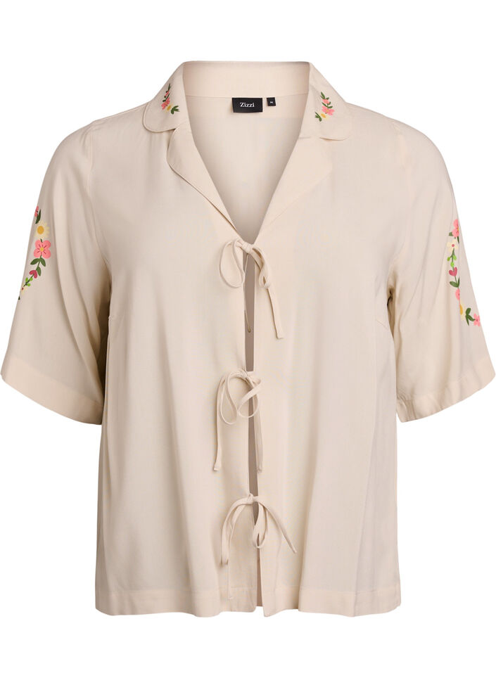 Natbluse i viskose med bindelukning og blomsterprint, Beige, Packshot image number 0