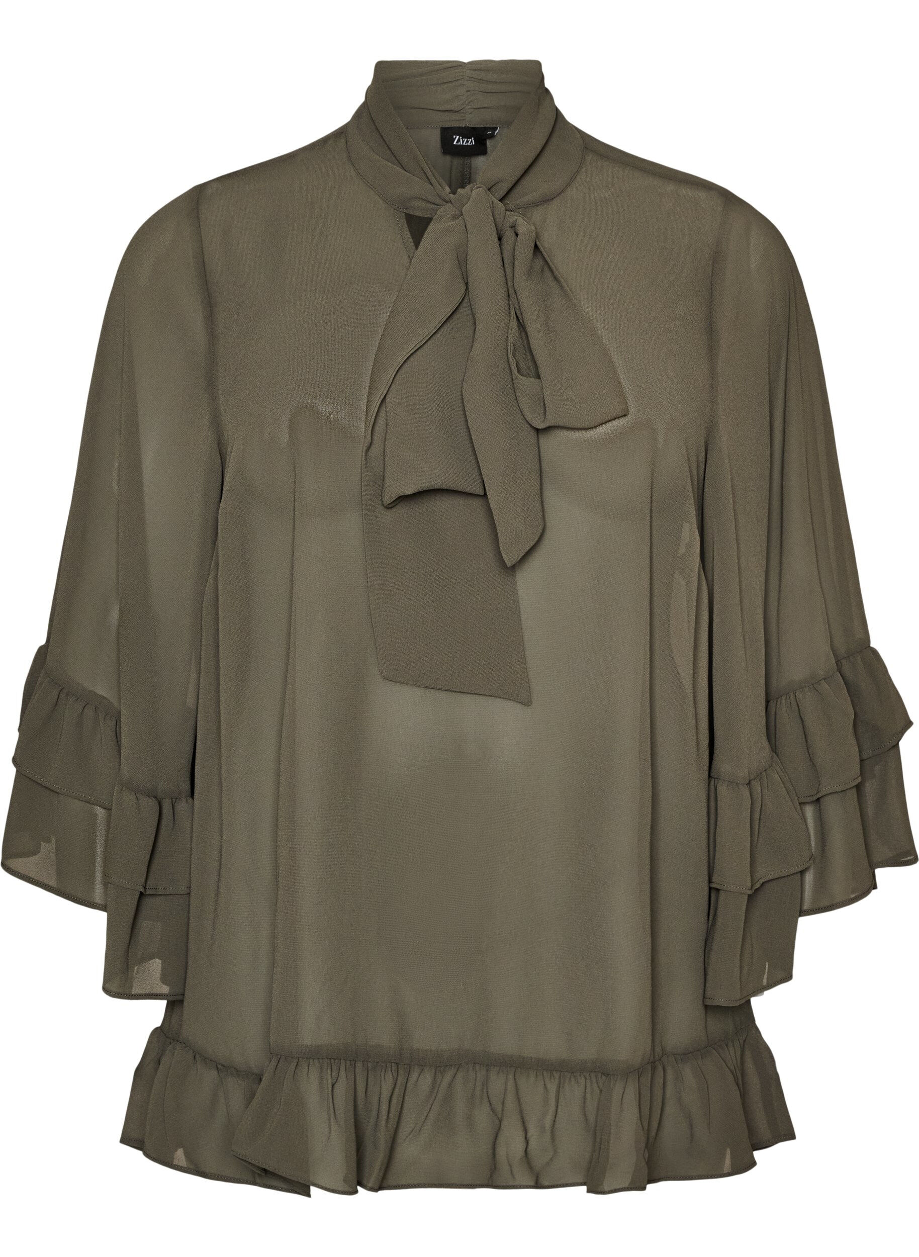 ZizziBluse med sl&oslash;jfeb&aring;nd og fl&aelig;sedetaljer, Gr&aring;, Packshot image number 0