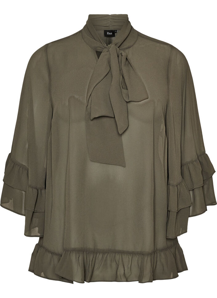 Bluse med sl&oslash;jfeb&aring;nd og fl&aelig;sedetaljer, Gr&aring;, Packshot image number 0