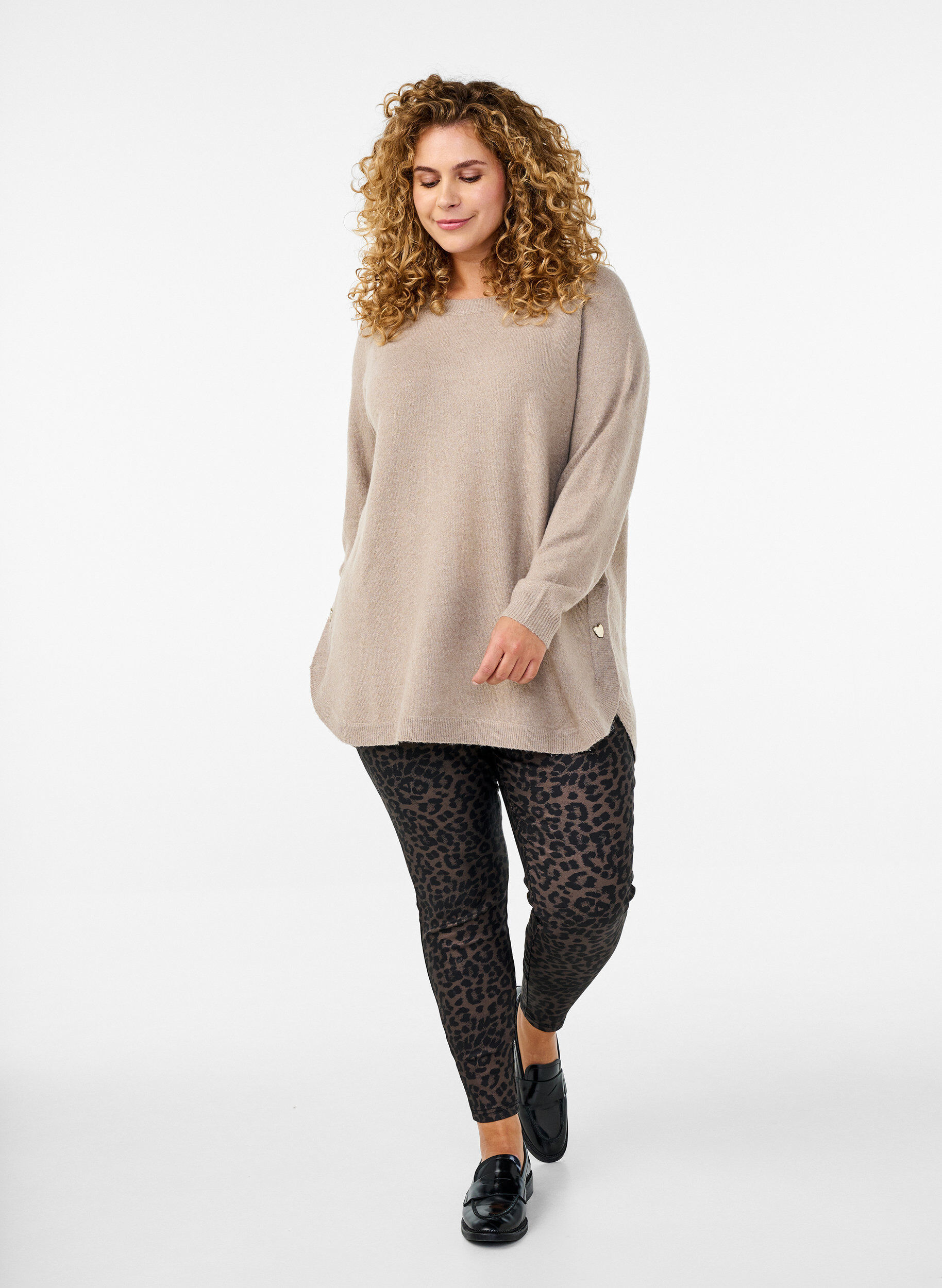 Zizzi Coatede leggings med leoprint og cropped l&aelig;ngde, Brun, Model image number 1
