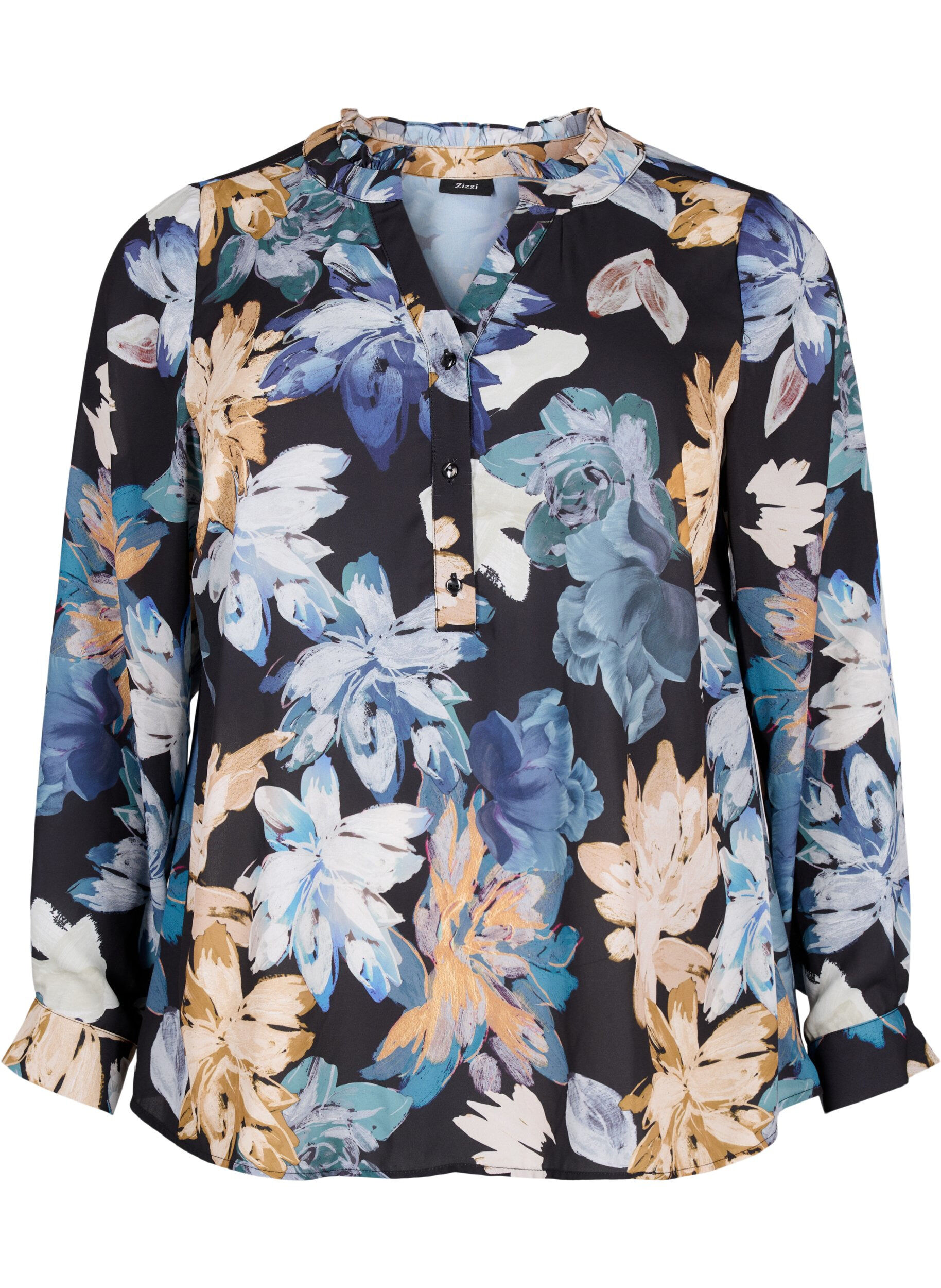 Zizzi Lang&aelig;rmet bluse med blomsterprint, Yellow Flower AOP, Packshot image number 0