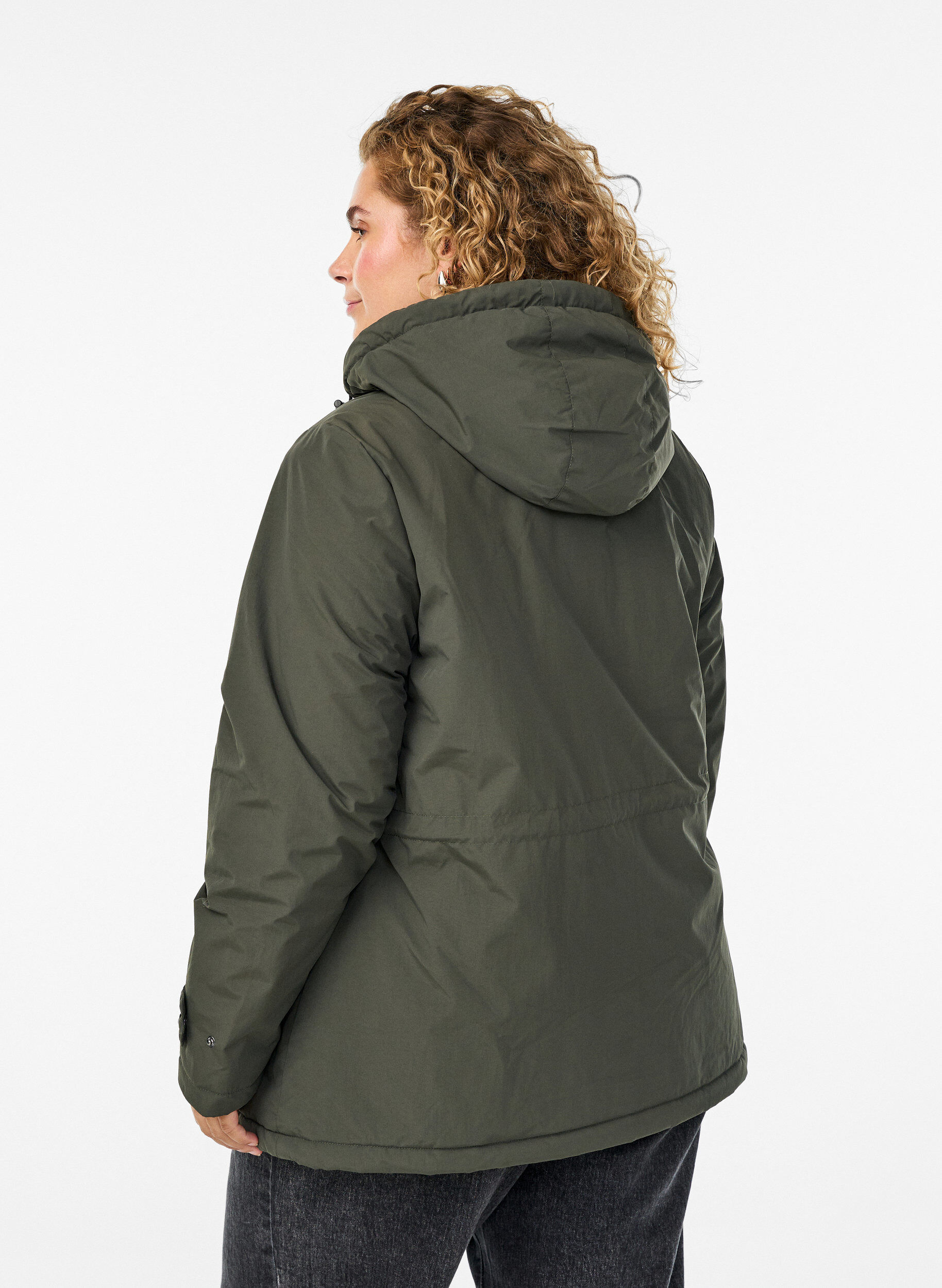 Zizzi Let vatteret parka med teddyforet h&aelig;tte, Gr&oslash;n, Model image number 2